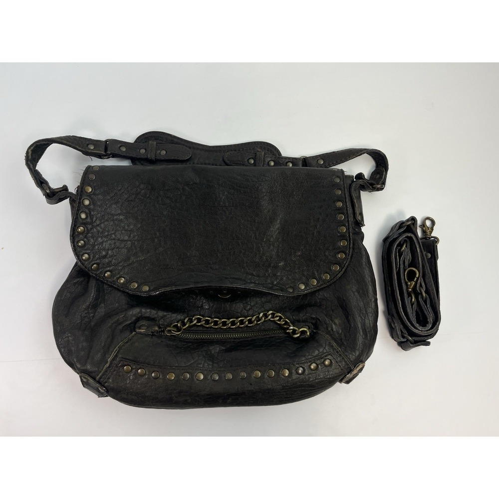 ABACO Paris Dark Brown Studded Leather Shoulder Bag Zip Chain Made In France